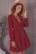 Load image into Gallery viewer, Tied Plunge Smocked Waist Flounce Sleeve Dress
