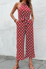 Load image into Gallery viewer, Polka Dot Grecian Wide Leg Jumpsuit
