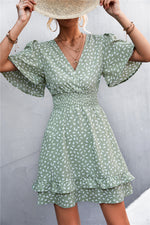 Load image into Gallery viewer, Printed Smocked Waist Layered Surplice Dress
