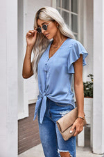 Load image into Gallery viewer, V-Neck Tie Hem Flutter Sleeve Blouse
