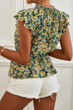 Load image into Gallery viewer, Floral Mock Neck Flutter Sleeve Peplum Top
