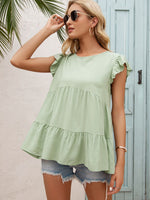 Load image into Gallery viewer, Round Neck Flutter Sleeve Tiered Blouse
