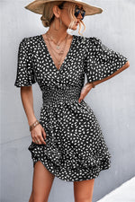 Load image into Gallery viewer, Printed Smocked Waist Layered Surplice Dress
