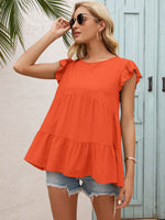 Load image into Gallery viewer, Round Neck Flutter Sleeve Tiered Blouse
