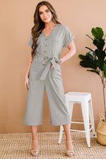 Load image into Gallery viewer, Button Front Belted Cropped Jumpsuit with Pockets
