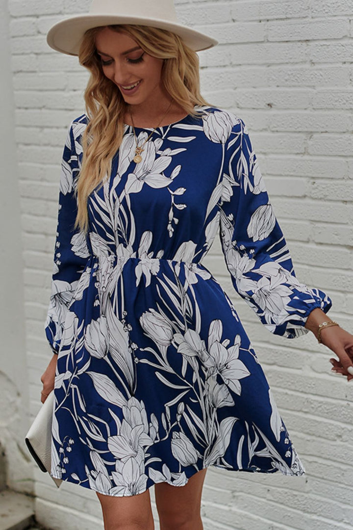 Floral Round Neck Balloon Sleeve Mini Dress