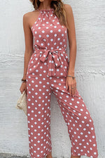 Load image into Gallery viewer, Polka Dot Grecian Wide Leg Jumpsuit
