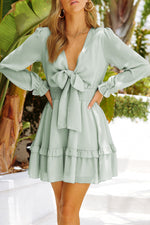 Load image into Gallery viewer, Tied Plunge Smocked Waist Flounce Sleeve Dress
