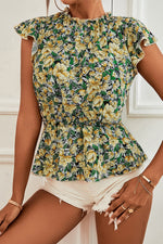 Load image into Gallery viewer, Floral Mock Neck Flutter Sleeve Peplum Top
