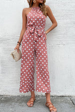 Load image into Gallery viewer, Polka Dot Grecian Wide Leg Jumpsuit
