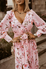 Load image into Gallery viewer, Floral Tie Belt Bishop Sleeve Slit Maxi Dress
