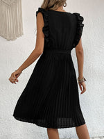 Load image into Gallery viewer, Buttoned Ruffle Trim Belted Pleated Dress
