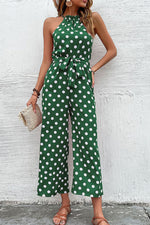 Load image into Gallery viewer, Polka Dot Grecian Wide Leg Jumpsuit
