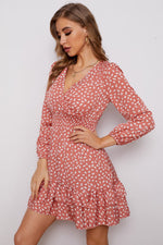 Load image into Gallery viewer, Printed Surplice Neck Puff Sleeve Ruffle Hem Dress
