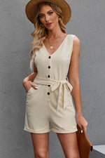 Load image into Gallery viewer, Button Front Belted Sleeveless Romper
