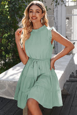 Load image into Gallery viewer, Ruffle Collar Tie Belt Tiered Dress
