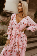 Load image into Gallery viewer, Floral Tie Belt Bishop Sleeve Slit Maxi Dress
