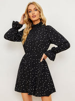 Load image into Gallery viewer, Printed  Long Flounce Sleeve Frill Neck Dress
