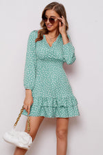 Load image into Gallery viewer, Printed Surplice Neck Puff Sleeve Ruffle Hem Dress
