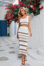 Load image into Gallery viewer, Striped Openwork Cropped Tank and Split Skirt Set
