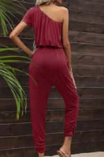 Load image into Gallery viewer, Drawstring Waist One-Shoulder Jumpsuit with Pockets
