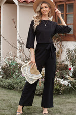 Load image into Gallery viewer, Belted Three-Quarter Sleeve Jumpsuit
