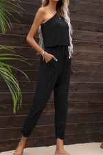 Load image into Gallery viewer, Drawstring Waist One-Shoulder Jumpsuit with Pockets
