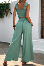 Load image into Gallery viewer, Tie Shoulder Smocked Crop Top and Wide Leg Pants Set
