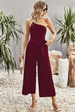 Load image into Gallery viewer, One-Shoulder Tie Belt Wide Leg Jumpsuit
