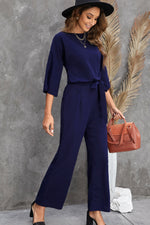 Load image into Gallery viewer, Belted Three-Quarter Sleeve Jumpsuit
