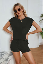 Load image into Gallery viewer, Ribbed Round Neck Pocket Knit Top and Shorts Set
