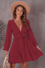 Load image into Gallery viewer, Tied Plunge Smocked Waist Flounce Sleeve Dress
