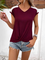 Load image into Gallery viewer, Spliced Lace V-Neck Twisted Hem Tee
