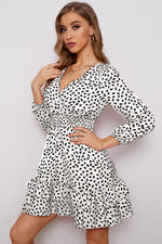 Load image into Gallery viewer, Printed Surplice Neck Puff Sleeve Ruffle Hem Dress
