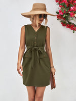 Load image into Gallery viewer, Buttoned V-Neck Belted Sleeveless Dress
