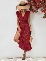 Load image into Gallery viewer, Printed Surplice Neck Flutter Sleeve Slit Dress
