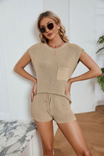 Load image into Gallery viewer, Ribbed Round Neck Pocket Knit Top and Shorts Set
