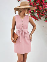 Load image into Gallery viewer, Buttoned V-Neck Belted Sleeveless Dress
