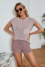 Load image into Gallery viewer, Ribbed Round Neck Pocket Knit Top and Shorts Set
