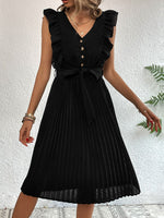 Load image into Gallery viewer, Buttoned Ruffle Trim Belted Pleated Dress
