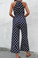 Load image into Gallery viewer, Polka Dot Grecian Wide Leg Jumpsuit
