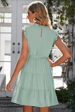 Load image into Gallery viewer, Ruffle Collar Tie Belt Tiered Dress
