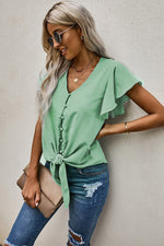 Load image into Gallery viewer, V-Neck Tie Hem Flutter Sleeve Blouse
