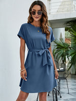 Load image into Gallery viewer, Belted Round Neck Curved Hem Dress
