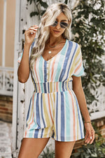 Load image into Gallery viewer, Multicolored Stripe V-Neck Smocked Waist Romper
