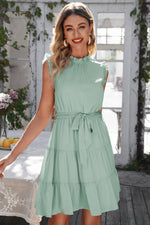 Load image into Gallery viewer, Ruffle Collar Tie Belt Tiered Dress
