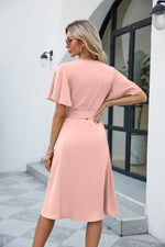 Load image into Gallery viewer, Tie Waist Flutter Sleeve Surplice Dress
