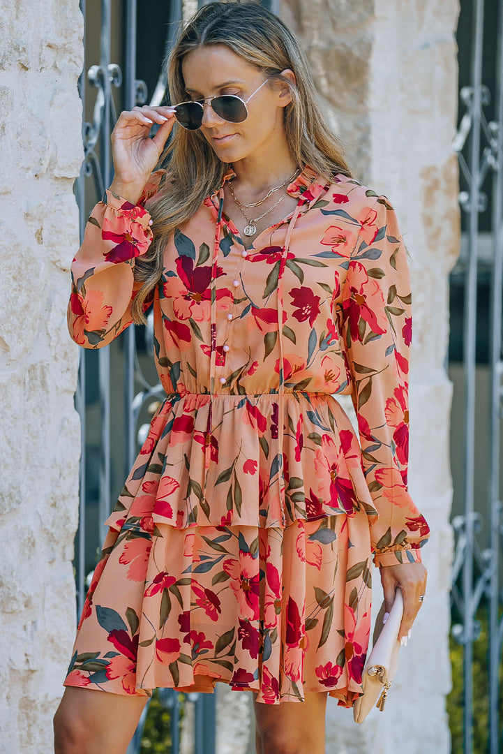 Floral Tie Neck Long Sleeve Layered Dress