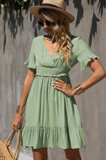 Load image into Gallery viewer, Smocked Waist Flounce Sleeve Ruffle Hem Dress
