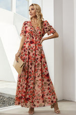 Load image into Gallery viewer, Floral V-Neck Short Flounce Sleeve Dress
